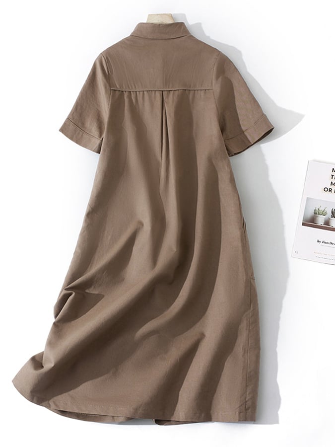 Loose Solid Cotton Linen Lapel Short Sleeve Dress