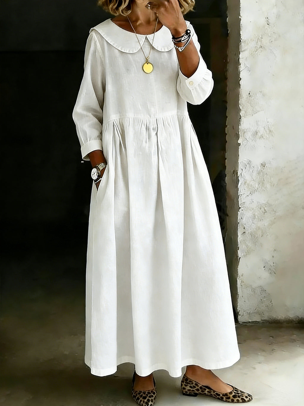 Women's Solid Color Peter Pan Collar Long-sleeved Casual Loose Denim Dress