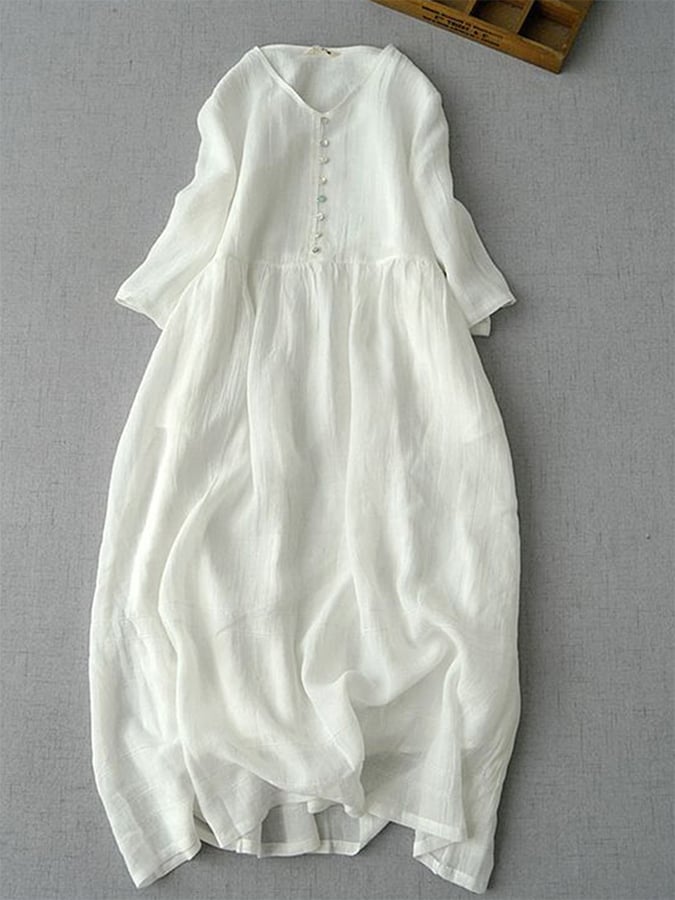 Literary And Retro Cotton And Linen V-neck Half-sleeved Dress