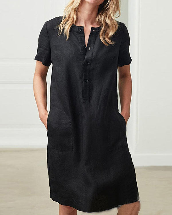 Short Sleeve Button Linen Dresses