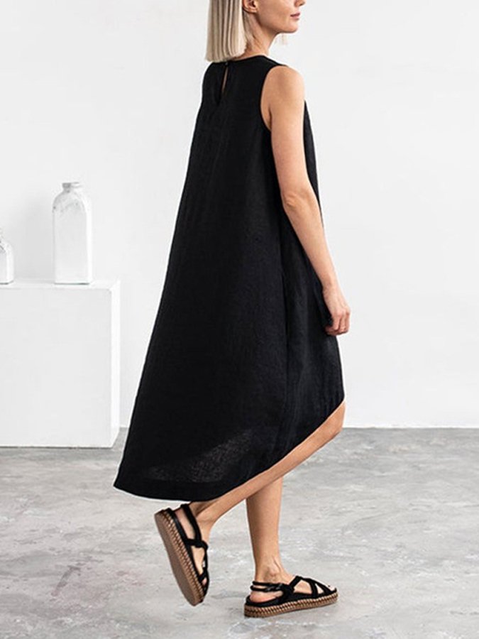 Women's Casual Solid Color Sleeveless Flowy Cotton Dress