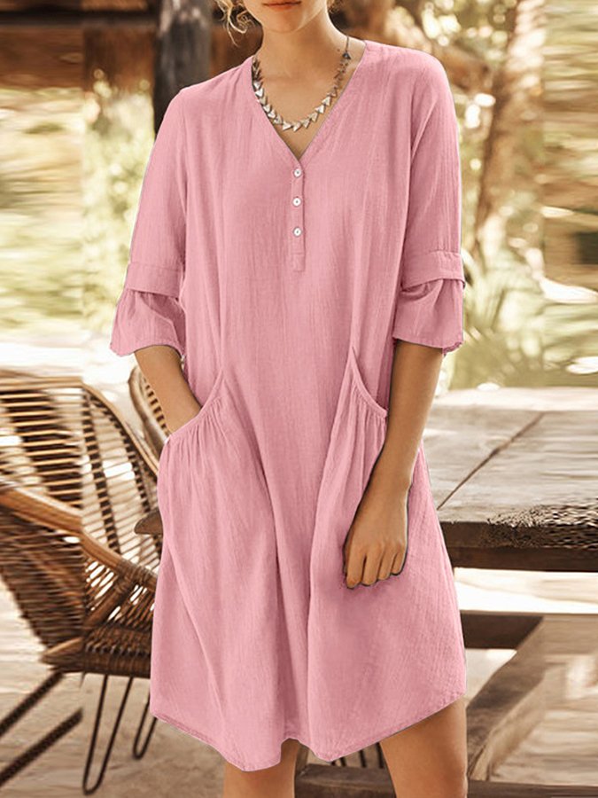 Women's Simple Fashion V Neck Big Pocket Half Sleeve Midi Dress