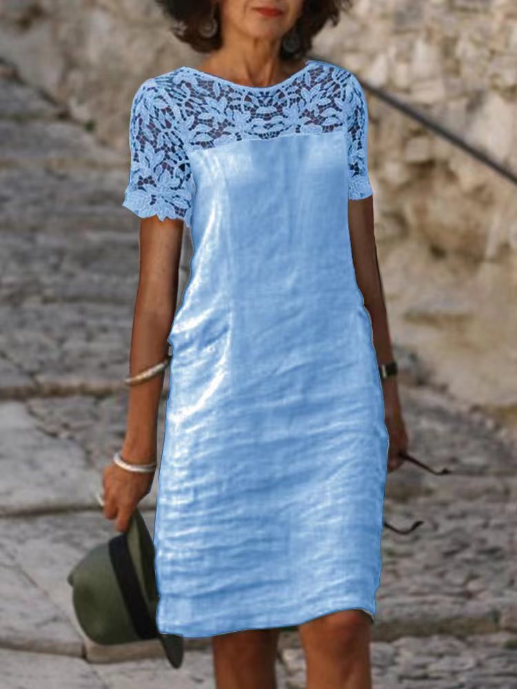Lace Panel Round Neck Solid Color Cotton Dress