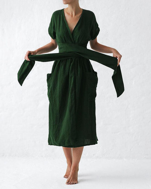 Elegant Solid V Neck Linen Bandage Waist Dresses