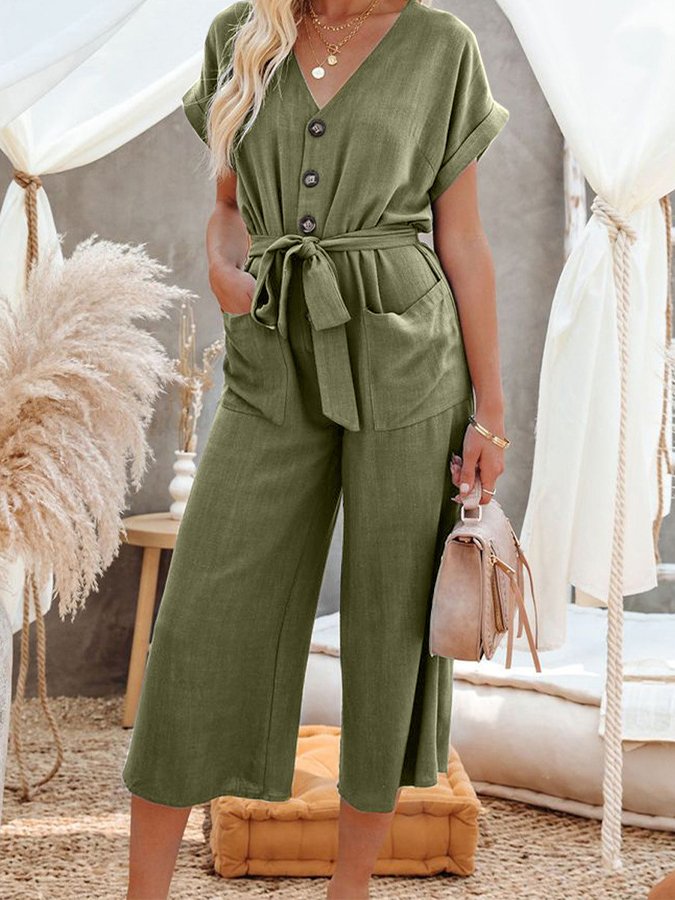 Women's V-Neck Short Sleeve Pocket Cotton Linen Jumpsuit