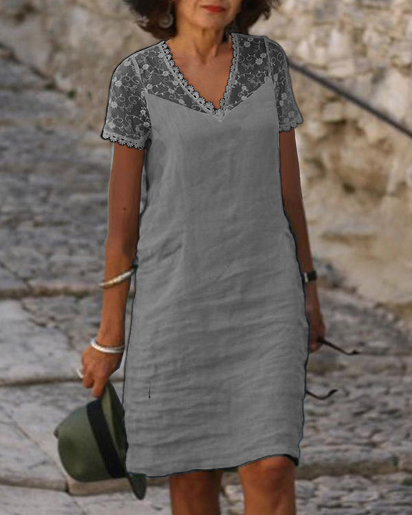 Lace Paneling V-neck Solid Color Cotton Dress