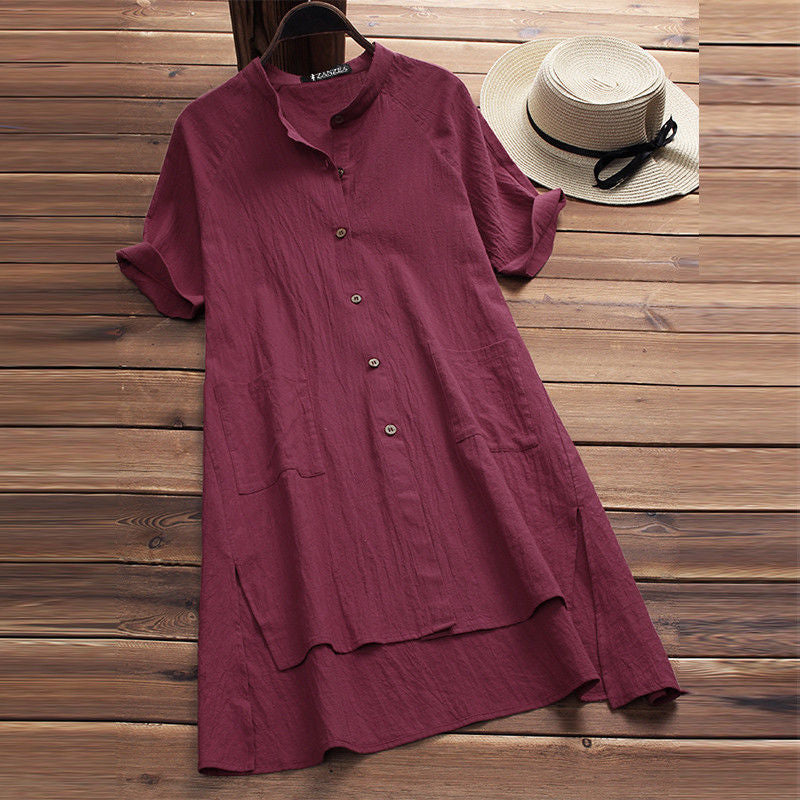 Vintage Slit Up Button Down Cotton Linen Comfy Midi Dress