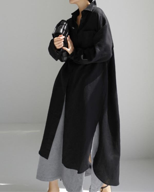 Casual Solid Color Shirt Cotton Linen Slit Dress
