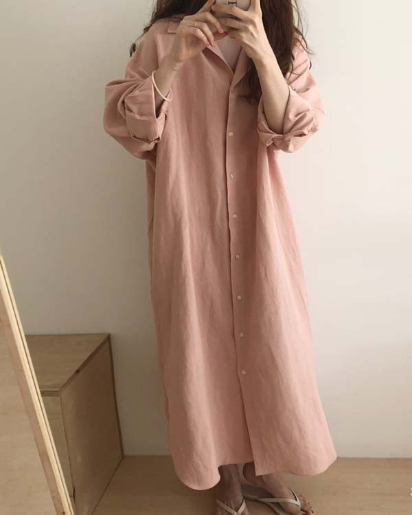 Casual Loose Solid Color Cotton Linen Shirt Dress