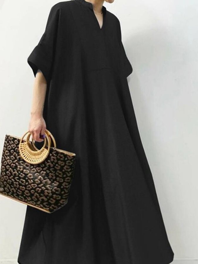 Women's V-Neck Half Sleeve Cotton Linen Dress