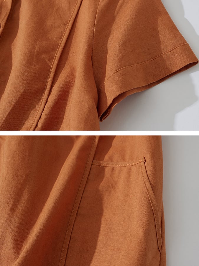 Loose Solid Cotton Linen Lapel Short Sleeve Dress