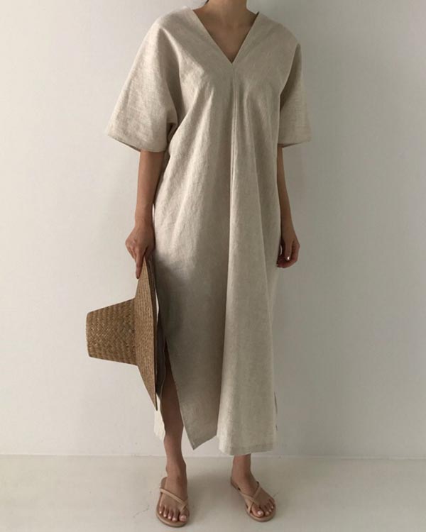 Vintage Linen Loose V-Neck Short Sleeve Dress