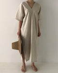 Vintage Linen Loose V-Neck Short Sleeve Dress