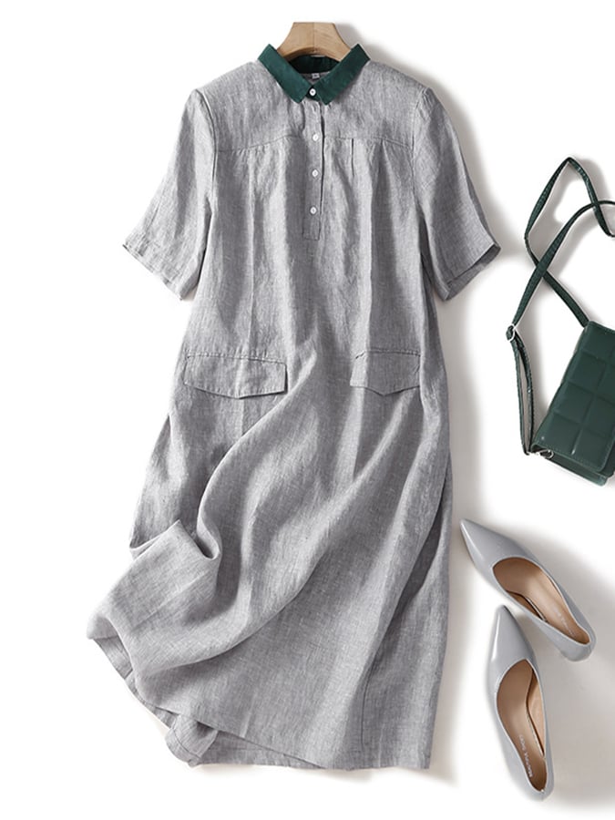 Literary Retro Cotton Linen Polo Dress