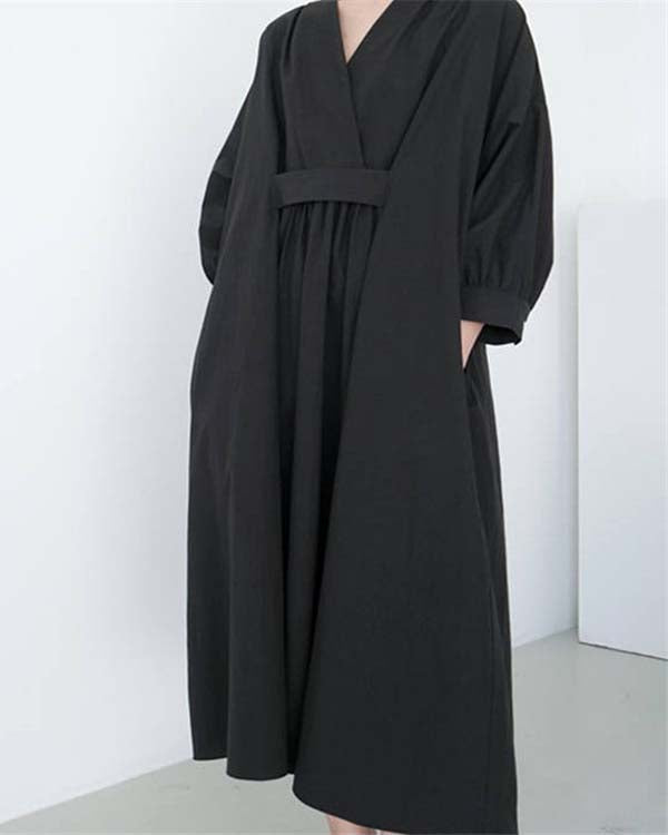 Elegant V-neck Cotton Loose Solid Color Long Dress