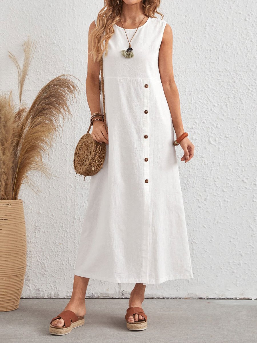 Women's Solid Color Button Cotton Linen Dress