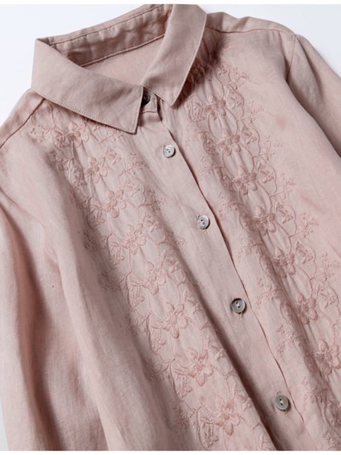3/4 Sleeves Cotton Linen Loose And Slim Embroidered Dress