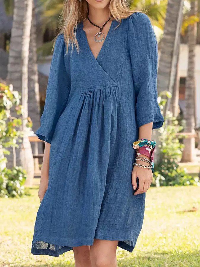 Women's Solid Color Cross V-Neck Gathered Cotton Linen Dress