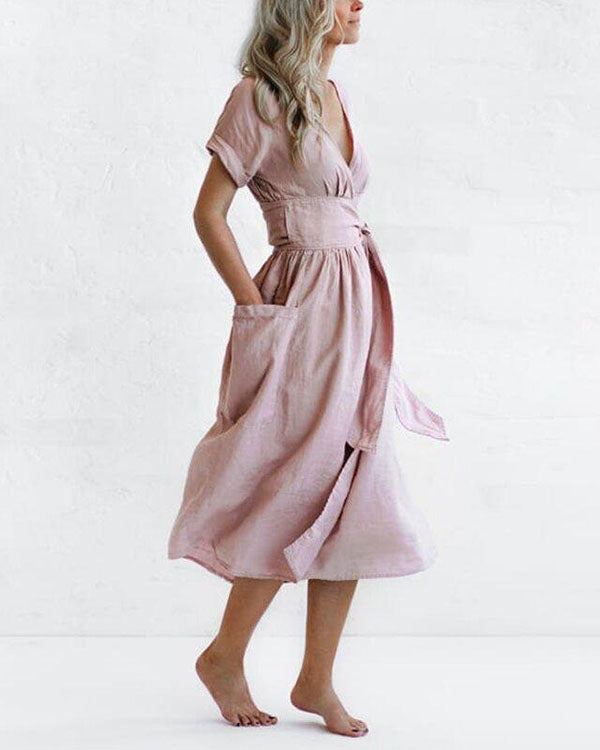 Elegant Solid V Neck Linen Bandage Waist Dresses