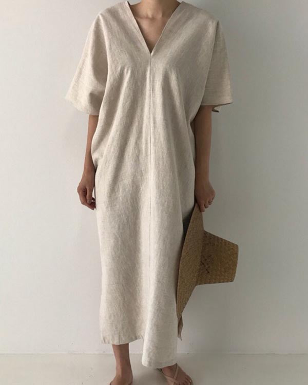 Vintage Linen Loose V-Neck Short Sleeve Dress