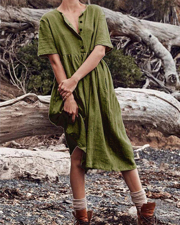 Boho Cotton Linen Dress Women Women's Solid Short Sleeve Button Dress