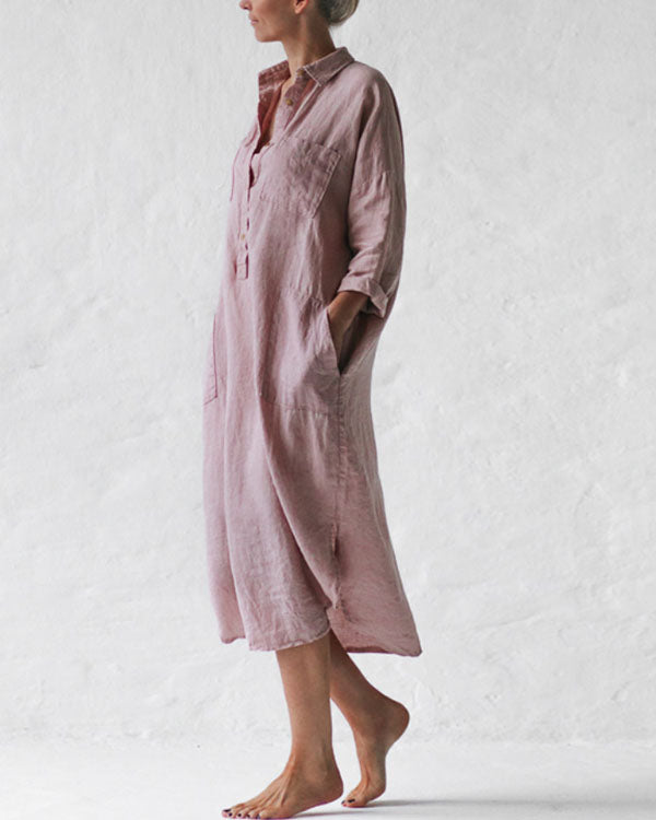 Casual Pink Solid Linen Pullover Shirt Dresses with Pockets