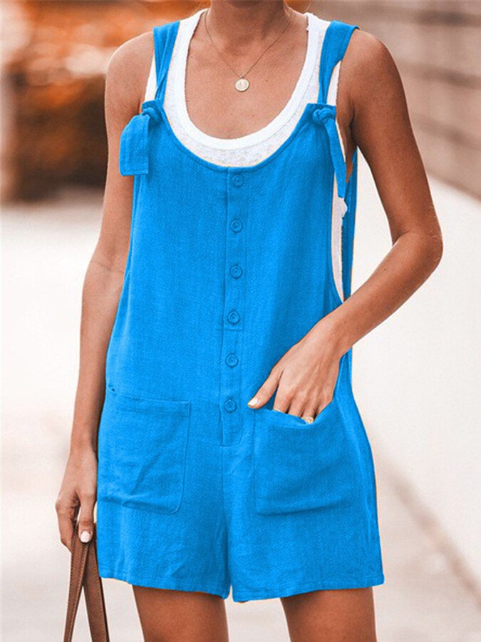 Ladies Spring/Summer Solid Color Round Neck Button Loose Short Jumpsuit