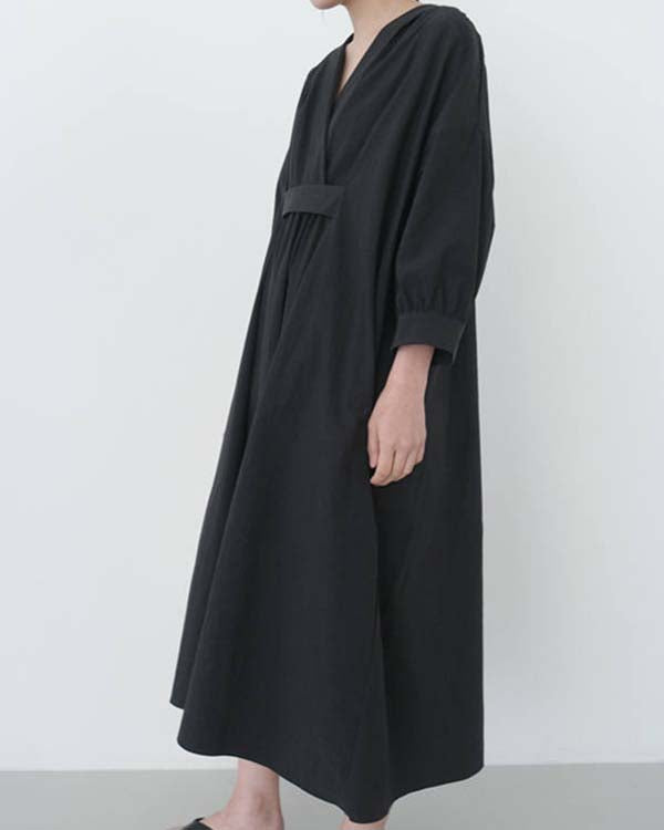 Elegant V-neck Cotton Loose Solid Color Long Dress