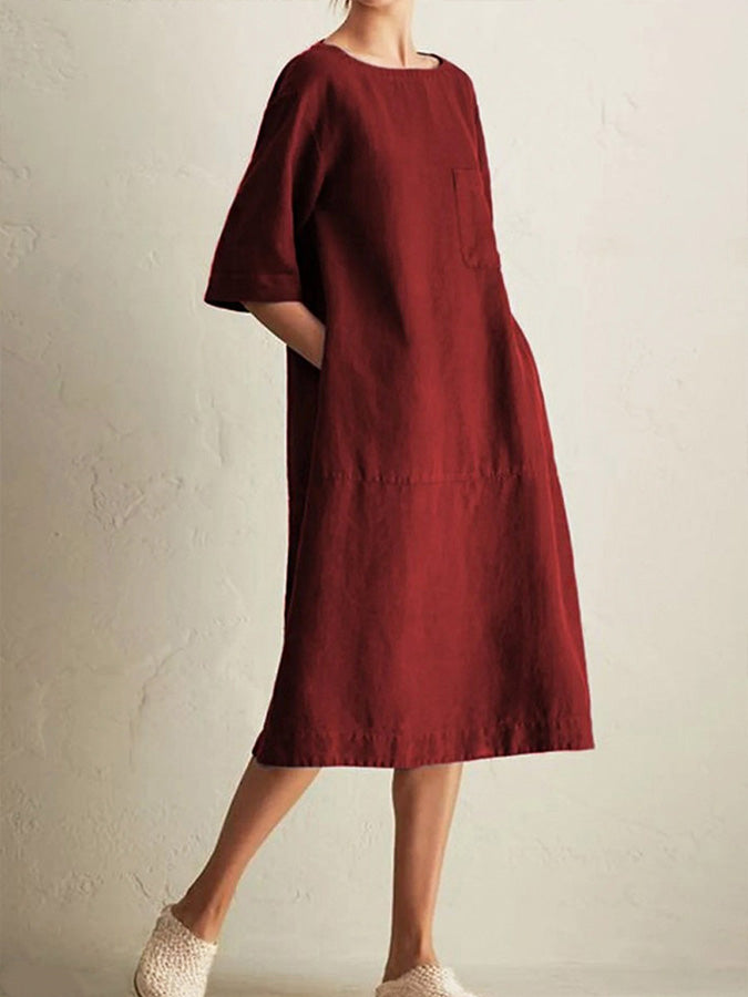 Solid Linen Crew Neck Dress