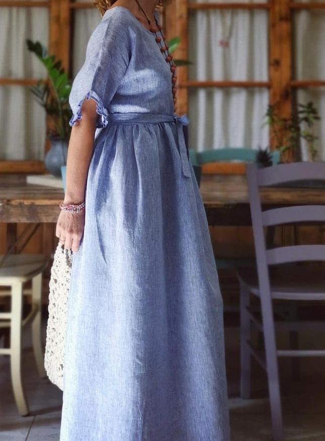 Casual Vacation Cotton and Linen Round Neck Dress with Ruffled Sleeves