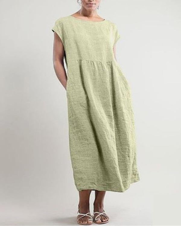 Solid Sleeveless Loose Linen Pocket Dress