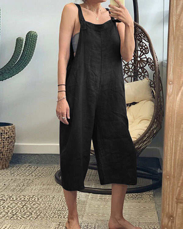 Plus Size Linen Solid Women Jumpsuits With Pockets