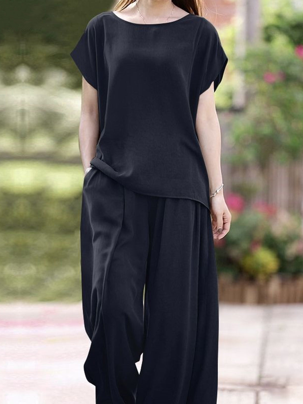 Minimalist Solid Color Short Sleeve Loose Shirt & Wide Leg Pants 2Pcs Set