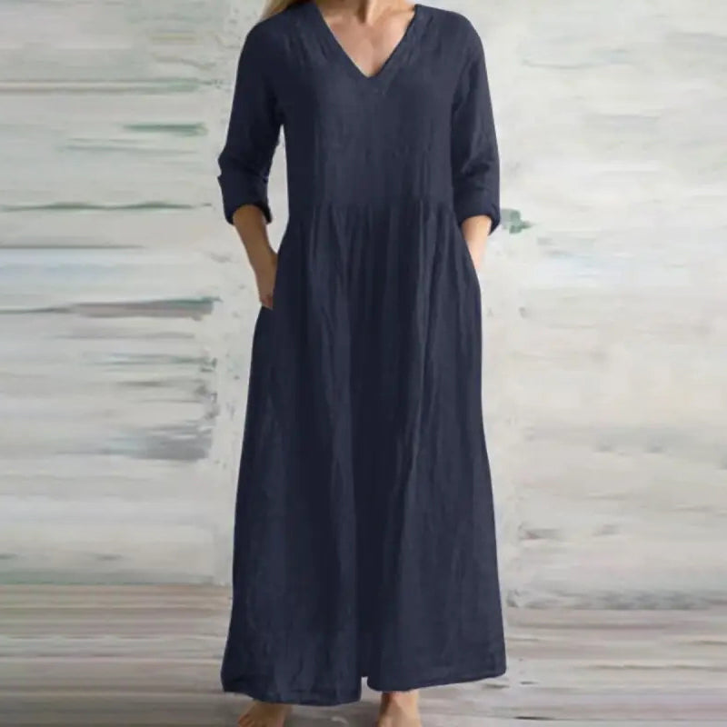 Solid Comfortable Casual Pocket V-Neck 3/4 Sleeve Pleated Maxi Dress