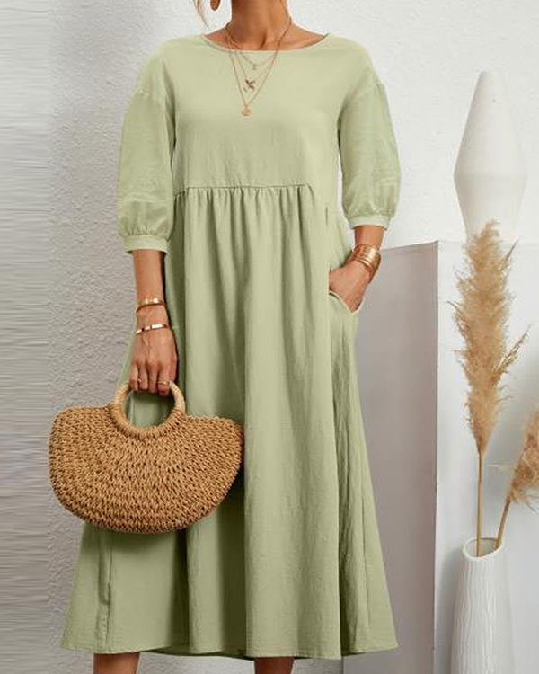 Solid Color Long Sleeve Loose Linen Slip Pocket Dress