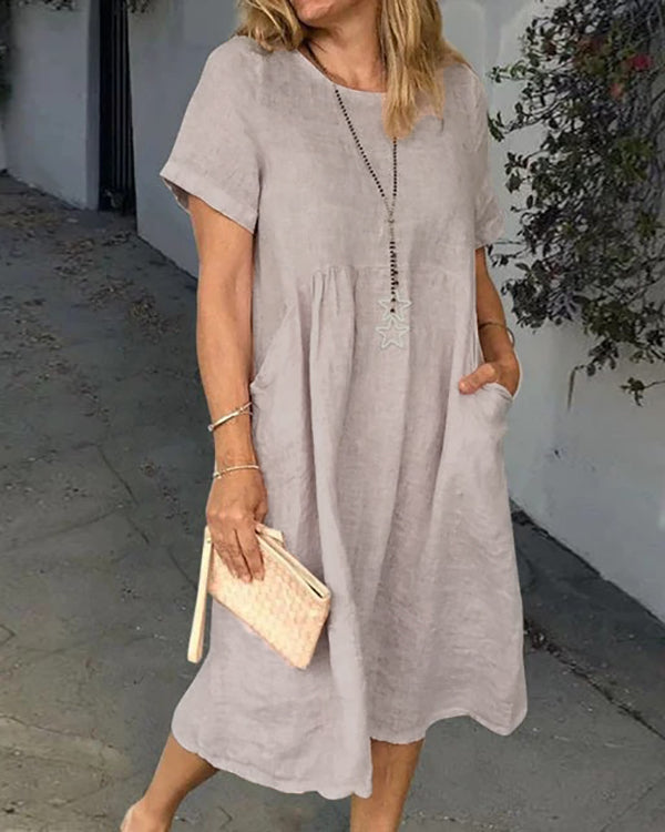 Women Summer Pockets Solid Linen Dresses