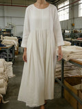 Vintage-style Pleated Linen Midi Dress