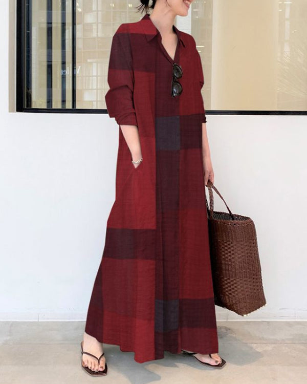 Casual Color Block Cotton Linen Shirt Collar Dress