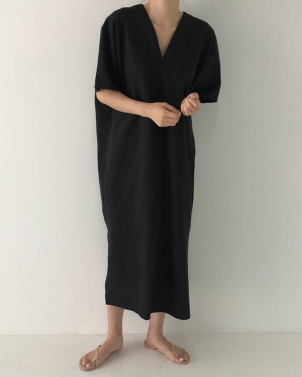 Vintage Linen Loose V-Neck Short Sleeve Dress
