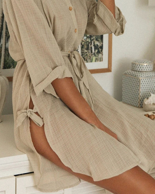 Sexy Long Sleeve Slit Linen Dress