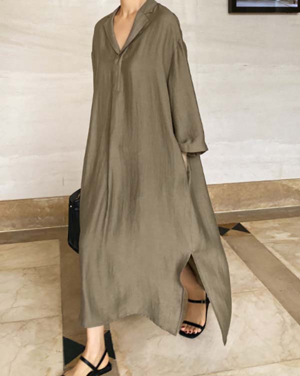 Casual Loose Solid Color Cotton Linen Shirt Dress