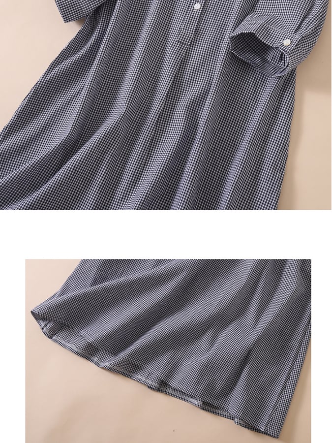 Cotton And Linen Plaid Retro Casual Loose Polo Neck Dress