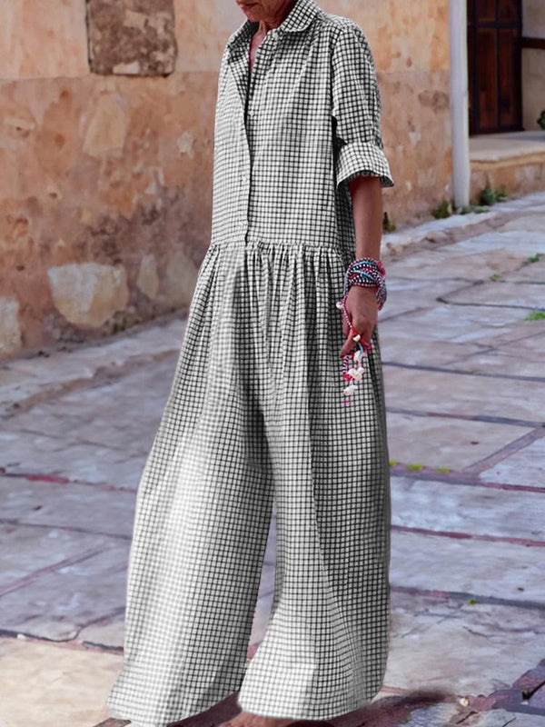 Casual Plaid Long Sleeve Loose Jumpsuit