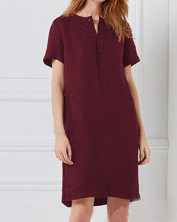Short Sleeve Button Linen Dresses