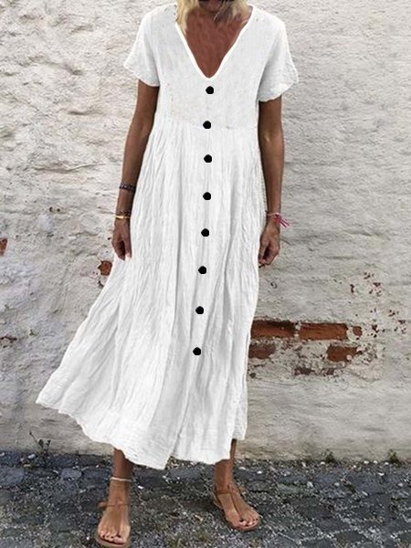 Women's Casual Solid Color Button V-Neck Cotton Linen Dress