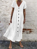 Women's Casual Solid Color Button V-Neck Cotton Linen Dress