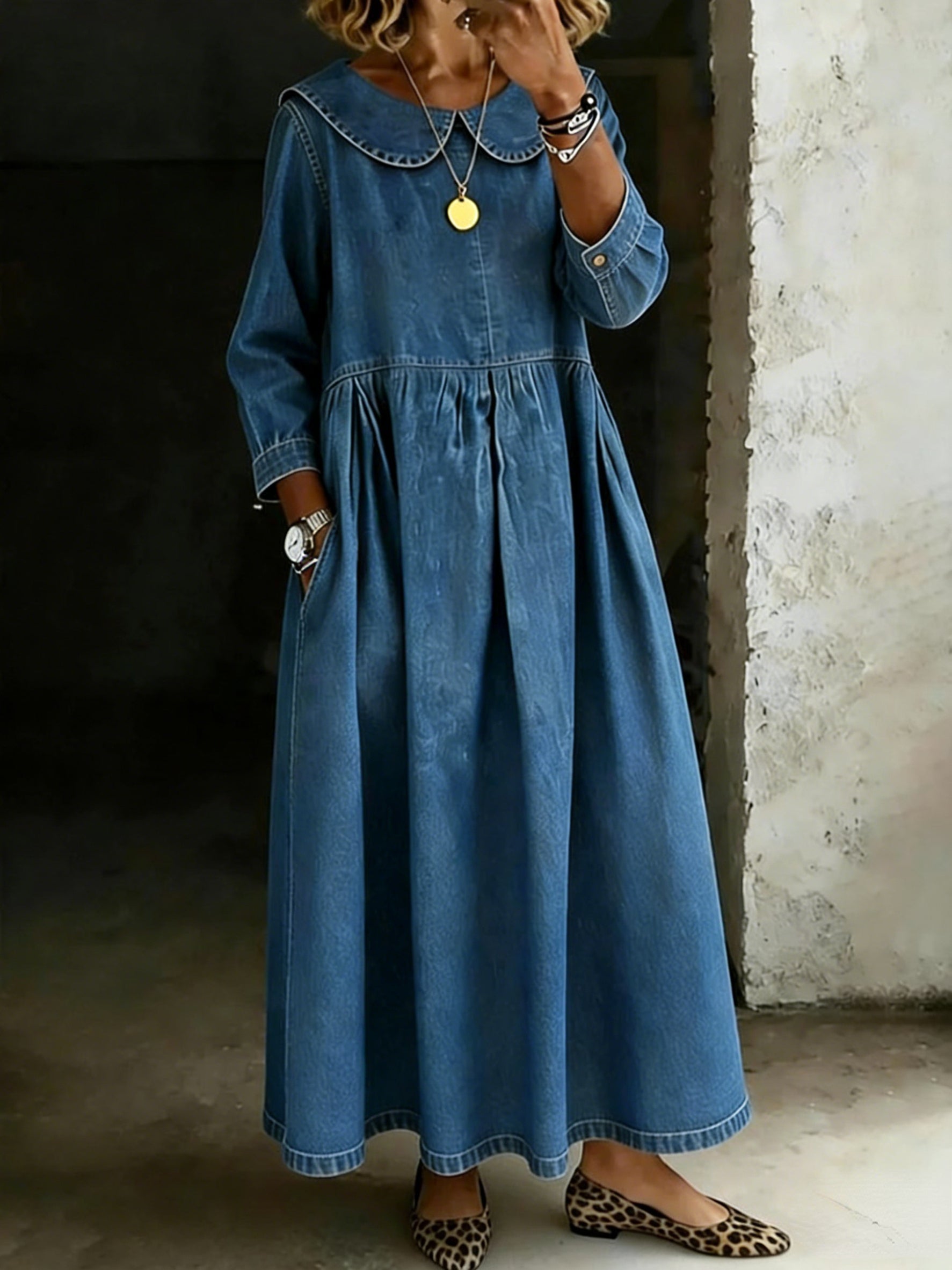 Women's Solid Color Peter Pan Collar Long-sleeved Casual Loose Denim Dress