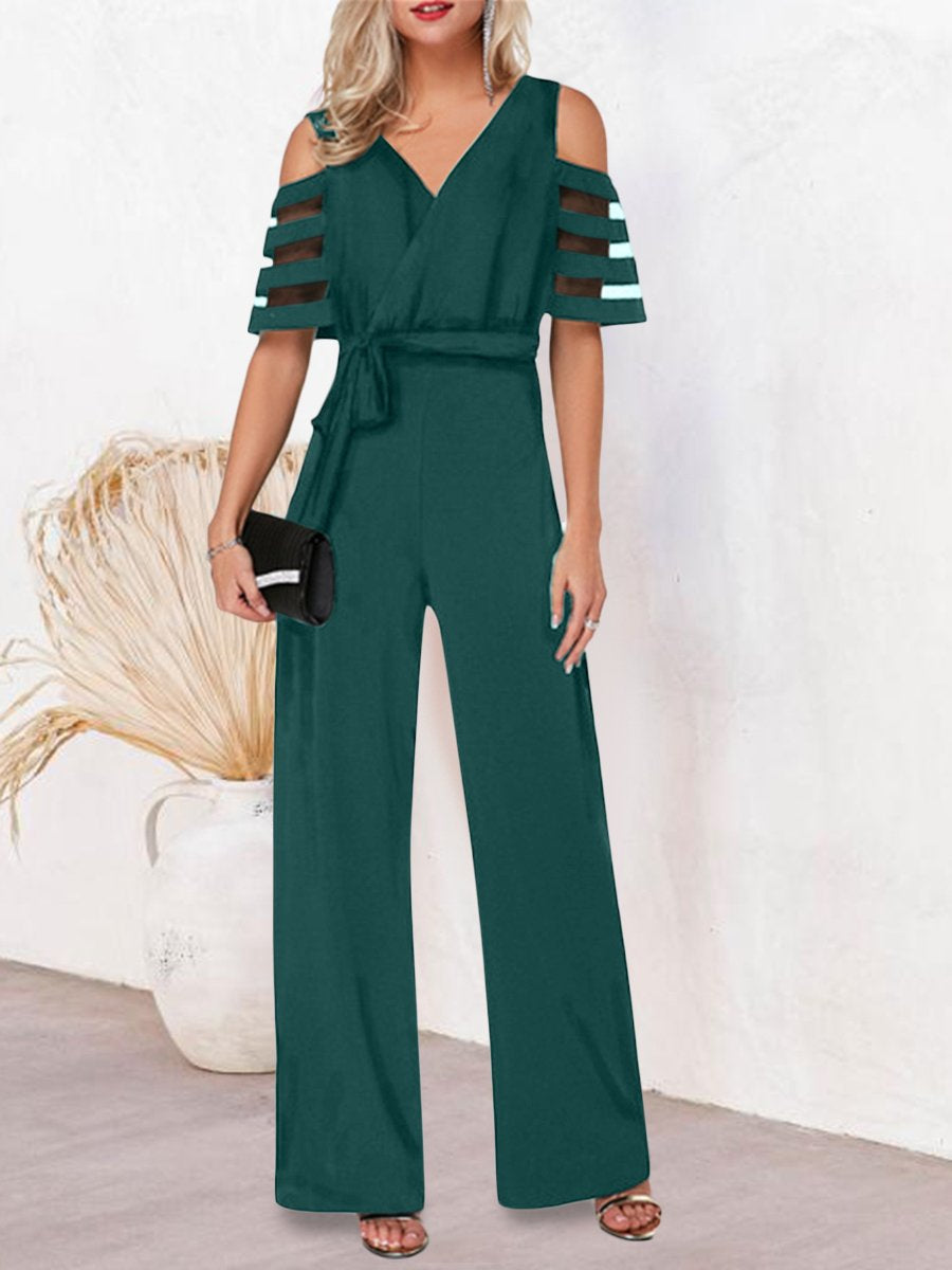 Mesh Patchwork Sleeves V Neck Formal Dressy Jumpsuit