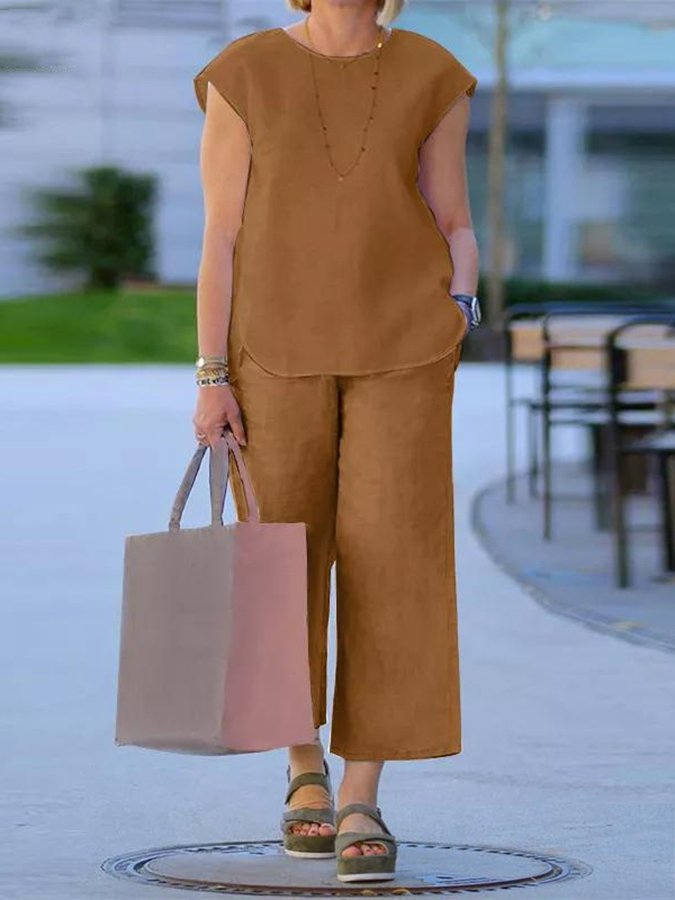 Women's Cotton Linen Casual Top and Pant Set