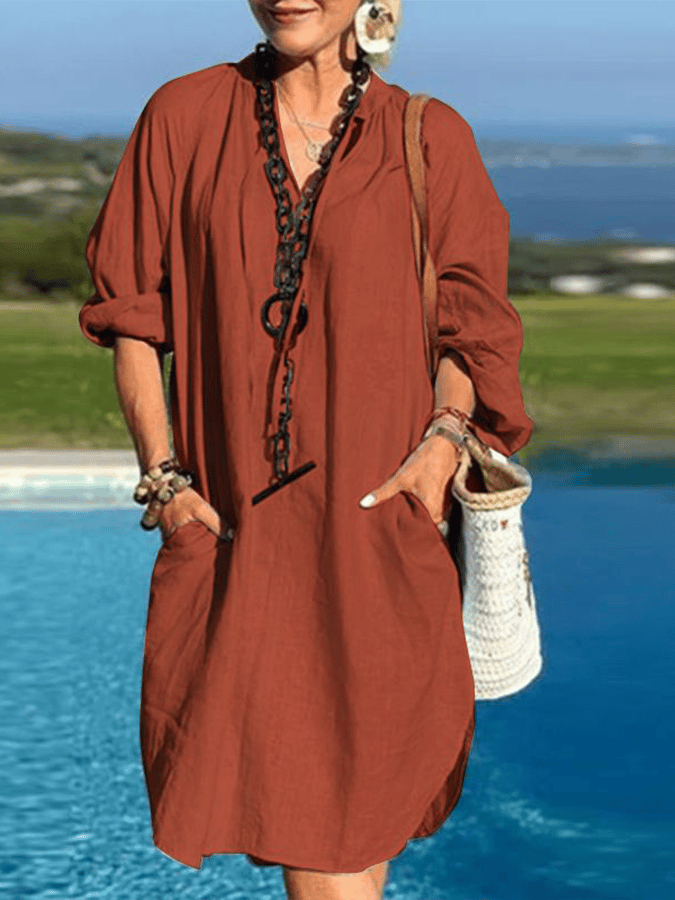Women's Solid Long Sleeve V-neck Dress